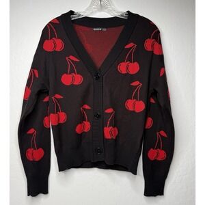 Nikka K Cherry Cardigan Sweater Black Red V Neck Button Front Size  S Rockabilly